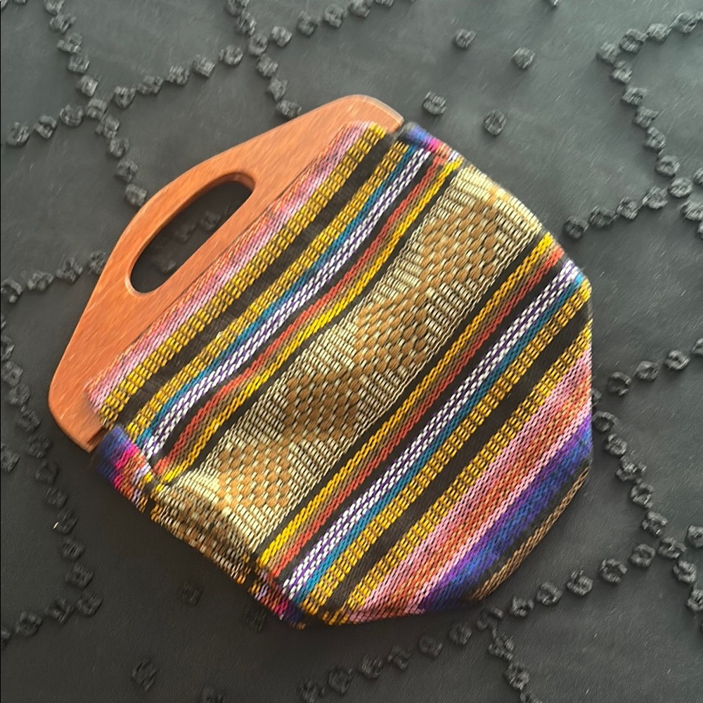 Never Worn Colorful Striped Handbag with Wooden Handle